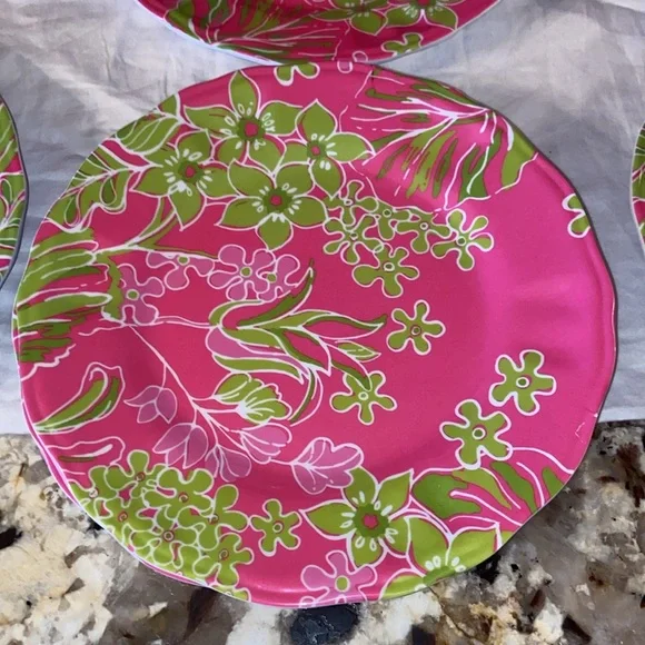 Set of 8 Lilly Pulitzer pink & green floral print plates